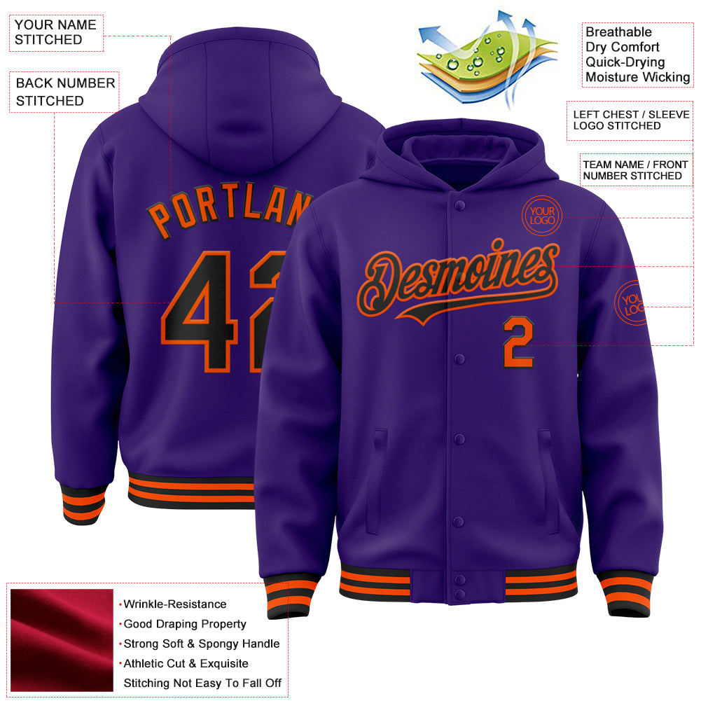 Custom Purple Black-Orange Bomber Full-Snap Varsity Letterman Hoodie Jacket