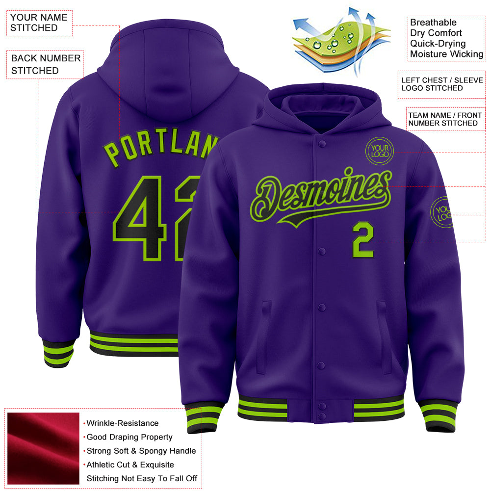 Custom Purple Black-Neon Green Bomber Full-Snap Varsity Letterman Hoodie Jacket