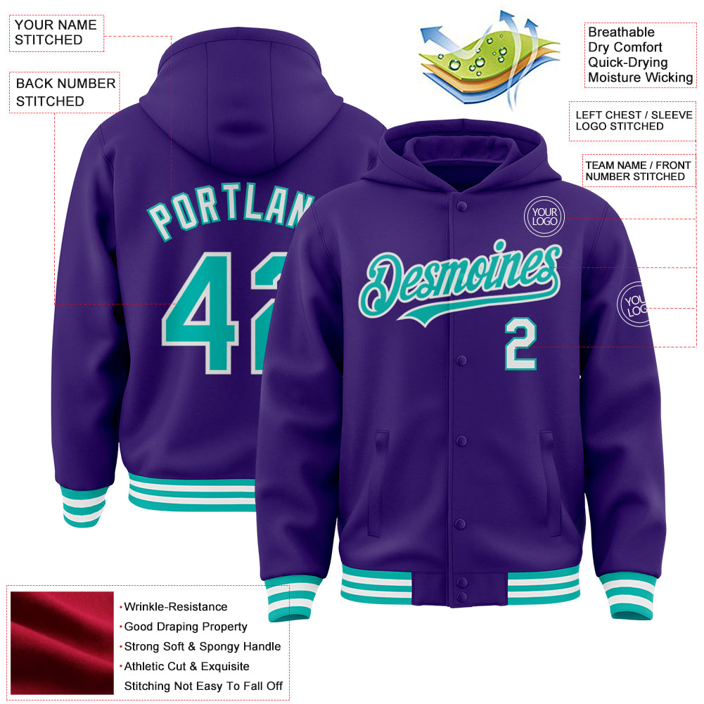 Custom Purple Aqua-White Bomber Full-Snap Varsity Letterman Hoodie Jacket