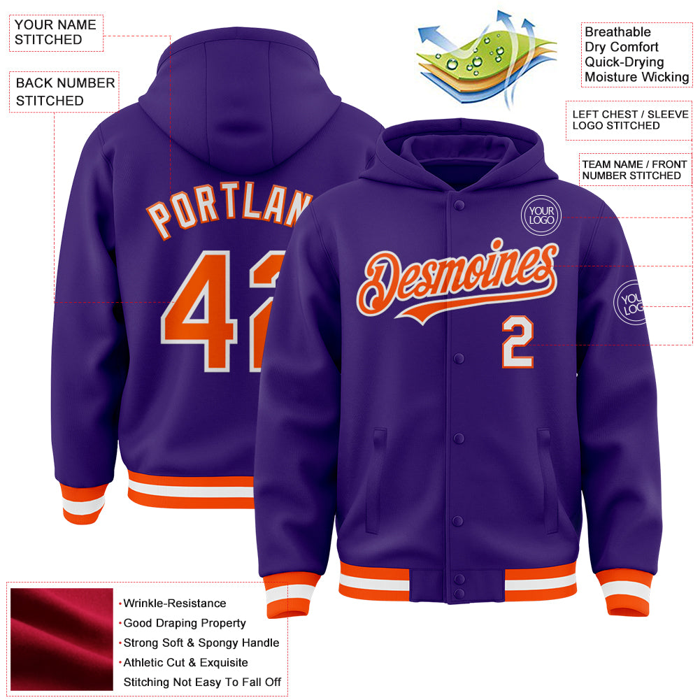 Custom Purple Orange-White Bomber Full-Snap Varsity Letterman Hoodie Jacket