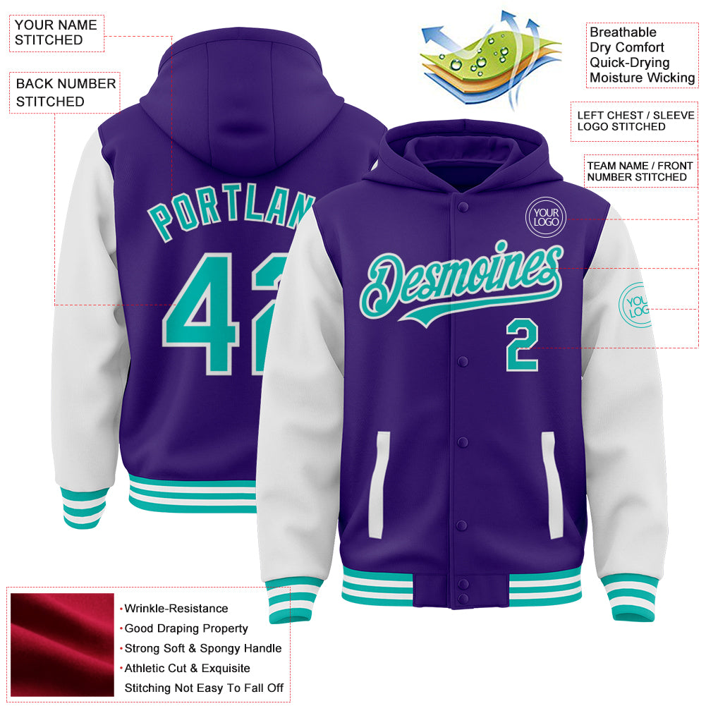 Custom Purple Aqua-White Bomber Full-Snap Varsity Letterman Two Tone Hoodie Jacket