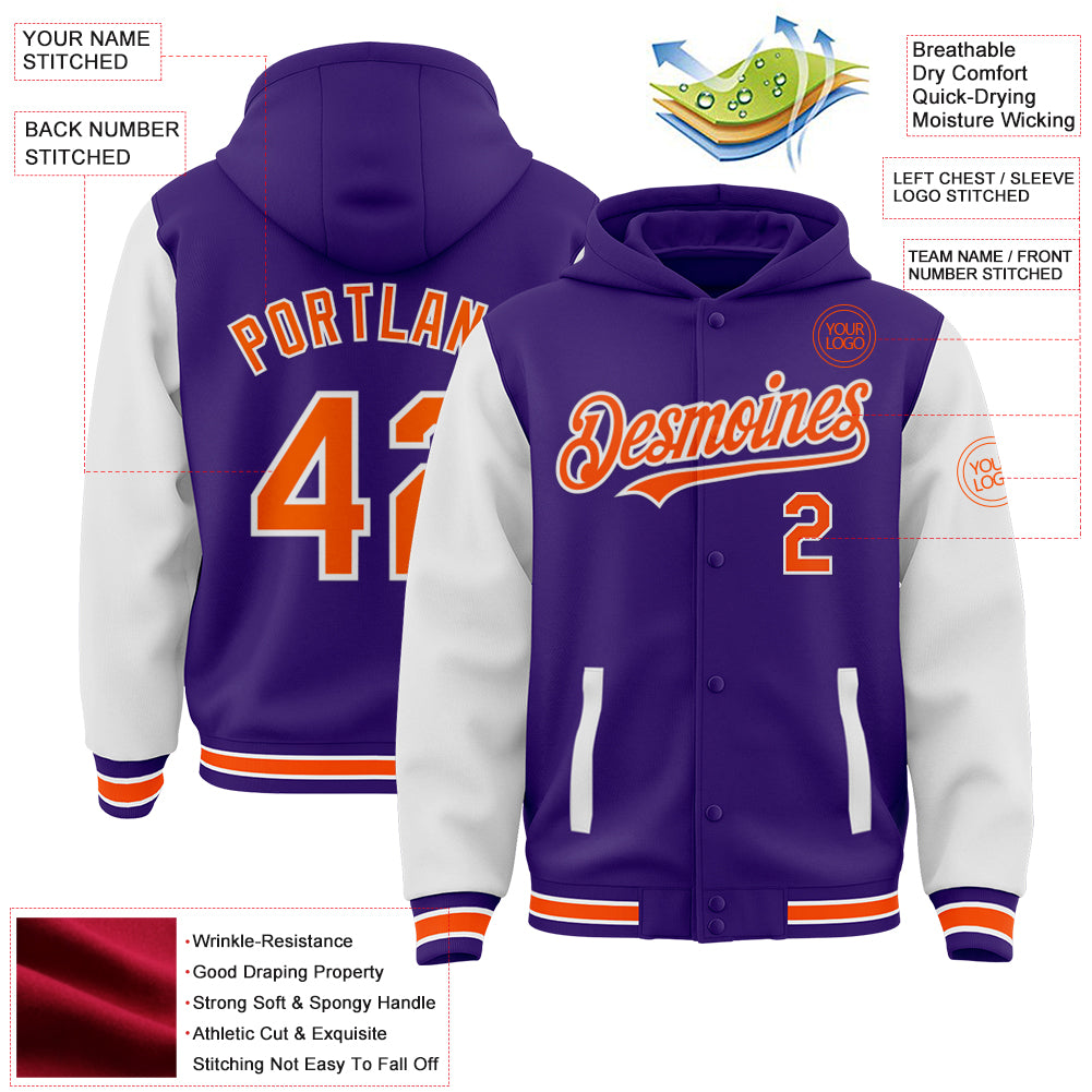 Custom Purple Orange-White Bomber Full-Snap Varsity Letterman Two Tone Hoodie Jacket