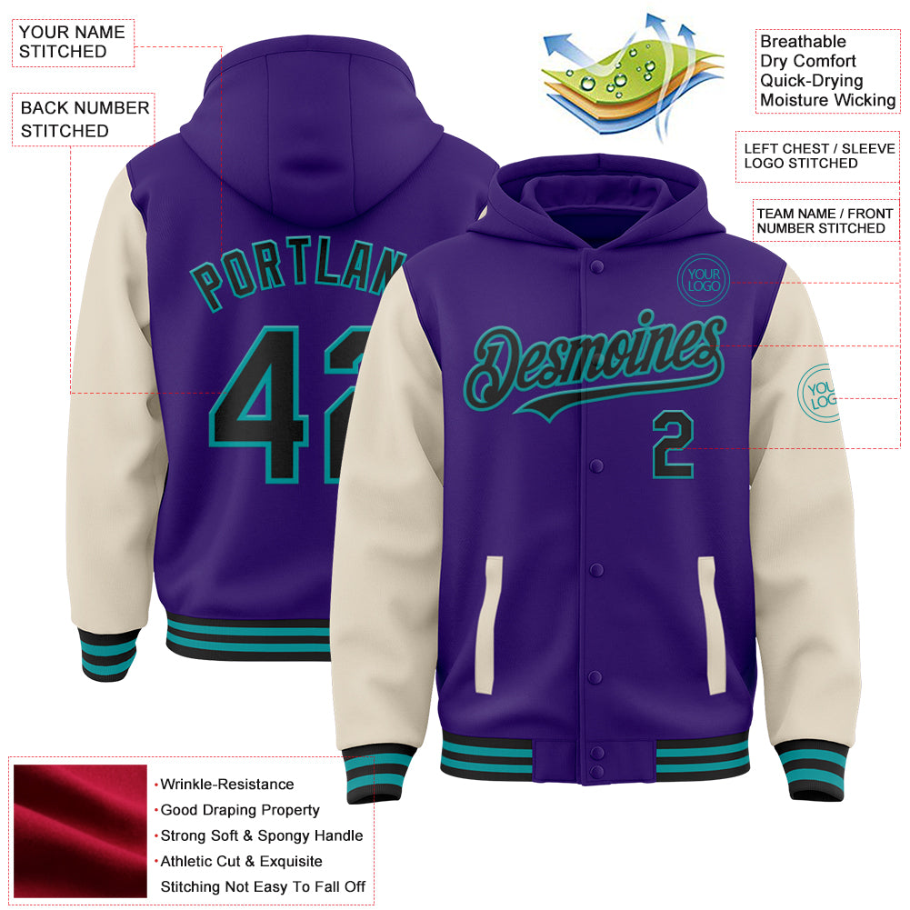 Custom Purple Black Cream-Teal Bomber Full-Snap Varsity Letterman Two Tone Hoodie Jacket