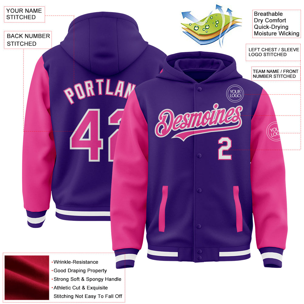 Custom Purple Pink-White Bomber Full-Snap Varsity Letterman Two Tone Hoodie Jacket