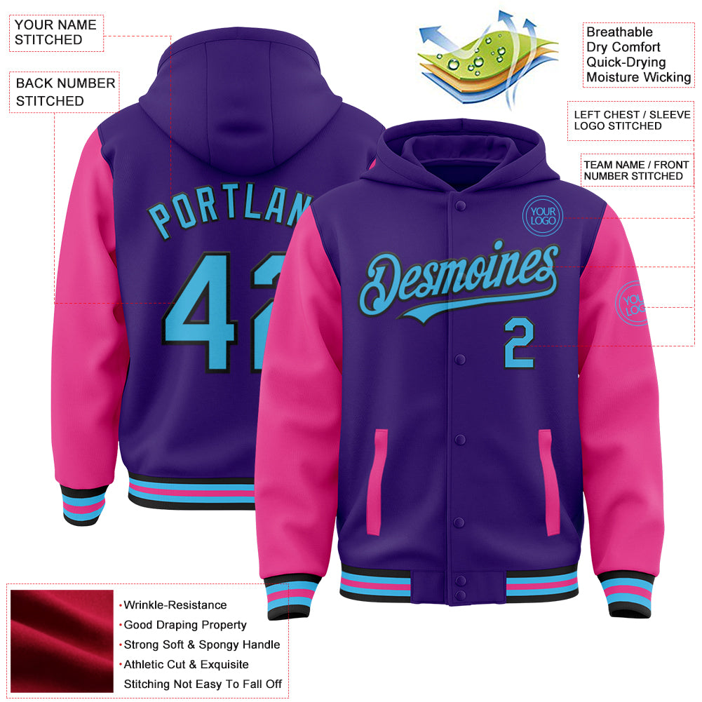 Custom Purple Sky Blue Pink-Black Bomber Full-Snap Varsity Letterman Two Tone Hoodie Jacket