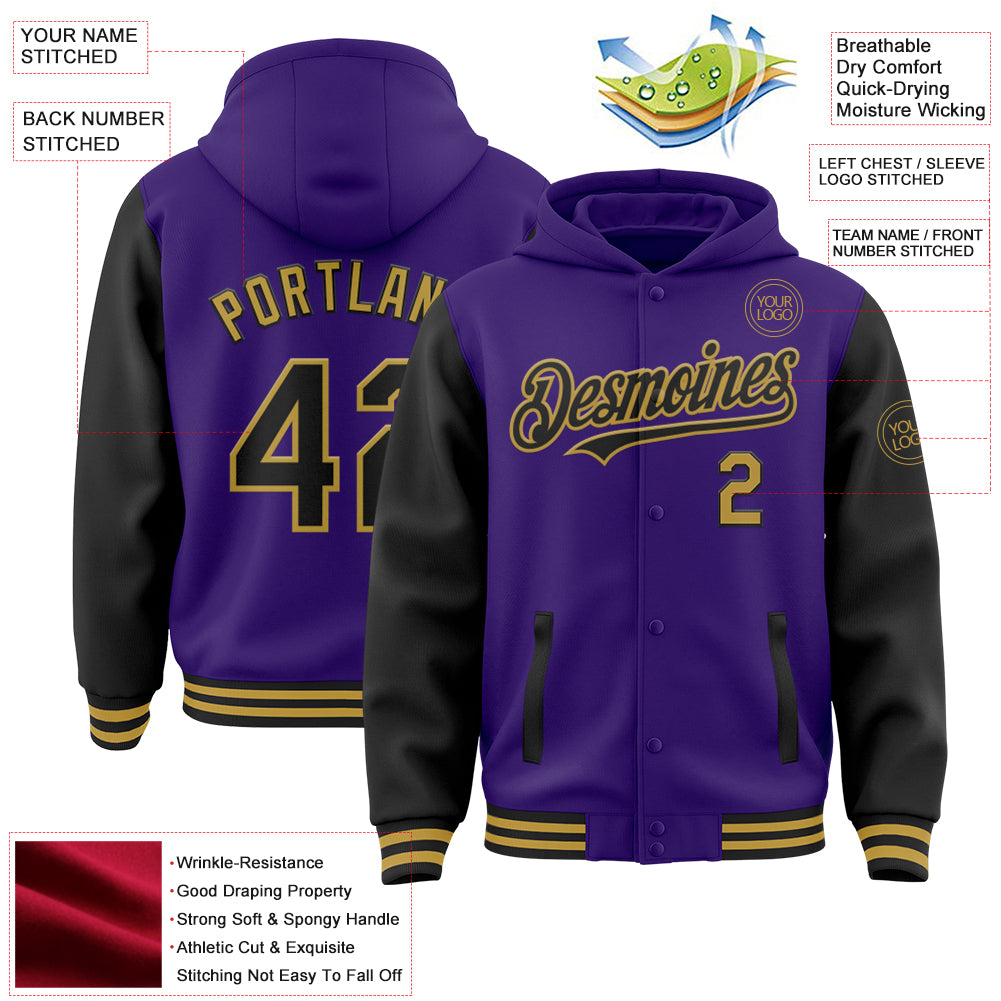 Custom Purple Black-Old Gold Bomber Full-Snap Varsity Letterman Two Tone Hoodie Jacket