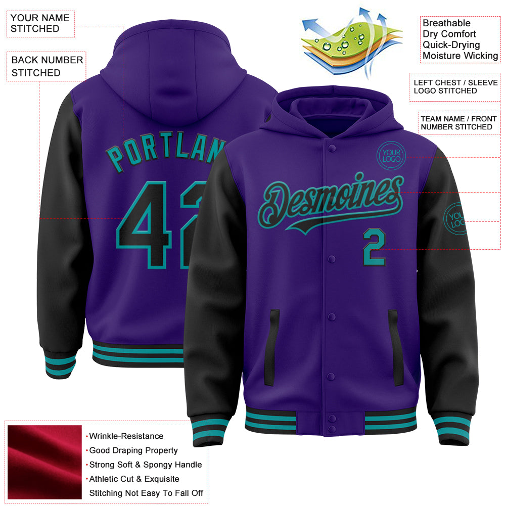 Custom Purple Black-Teal Bomber Full-Snap Varsity Letterman Two Tone Hoodie Jacket