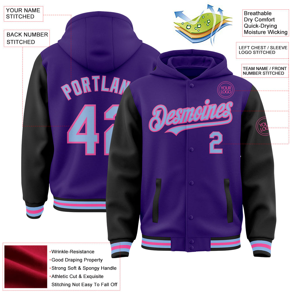 Custom Purple Light Blue Black-Pink Bomber Full-Snap Varsity Letterman Two Tone Hoodie Jacket