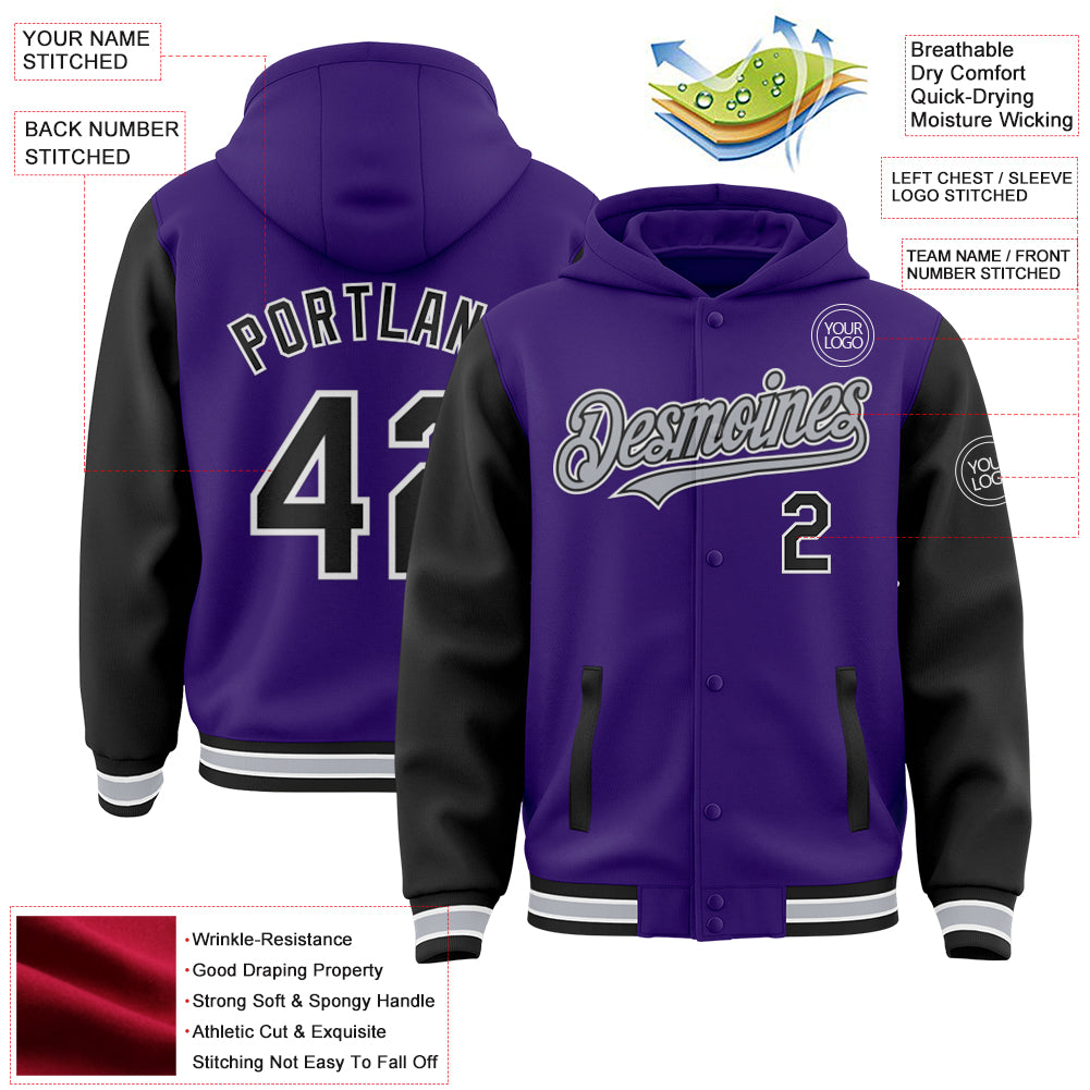 Custom Purple Black-Gray Bomber Full-Snap Varsity Letterman Two Tone Hoodie Jacket