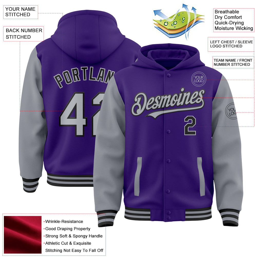 Custom Purple Gray-Black Bomber Full-Snap Varsity Letterman Two Tone Hoodie Jacket