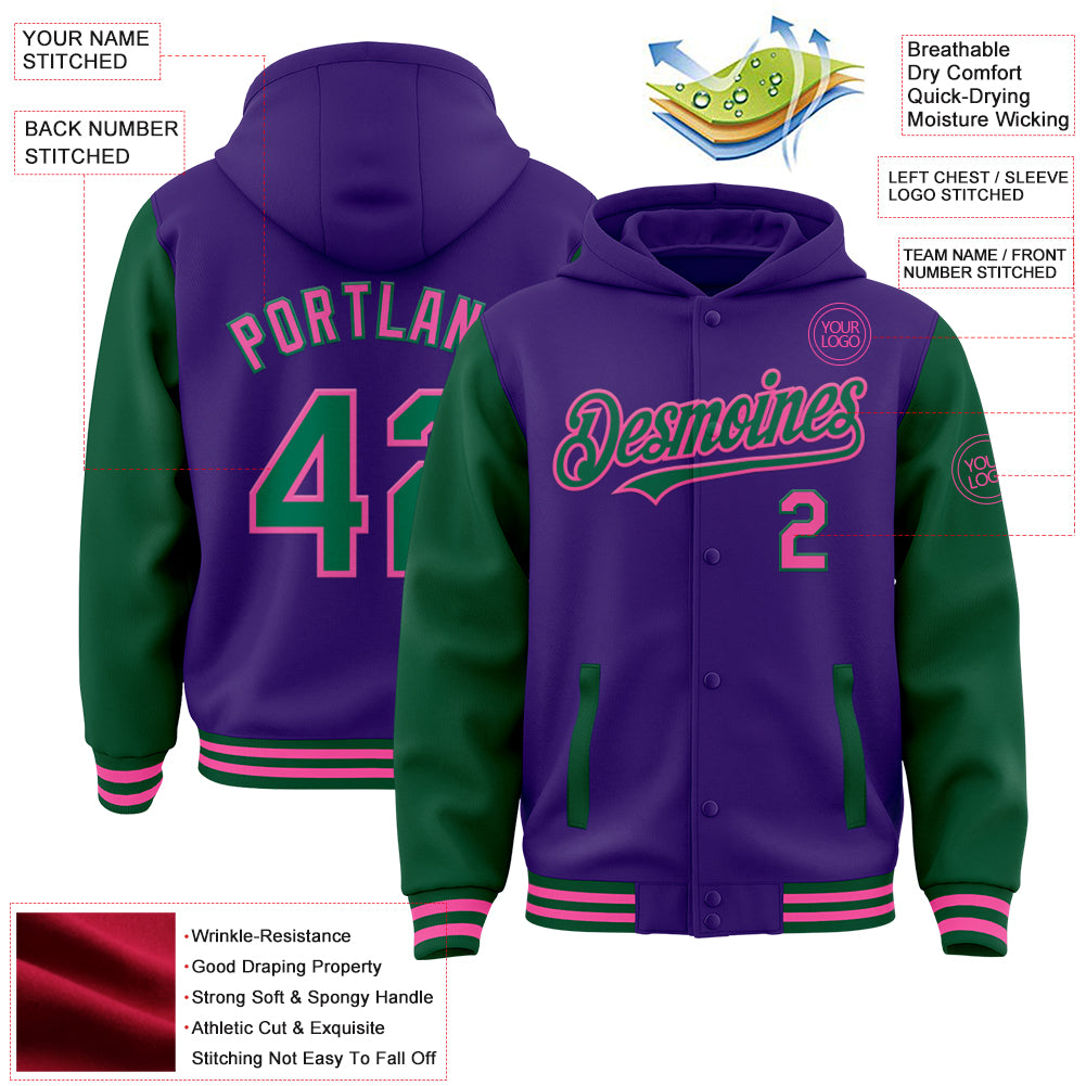 Custom Purple Kelly Green-Pink Bomber Full-Snap Varsity Letterman Two Tone Hoodie Jacket