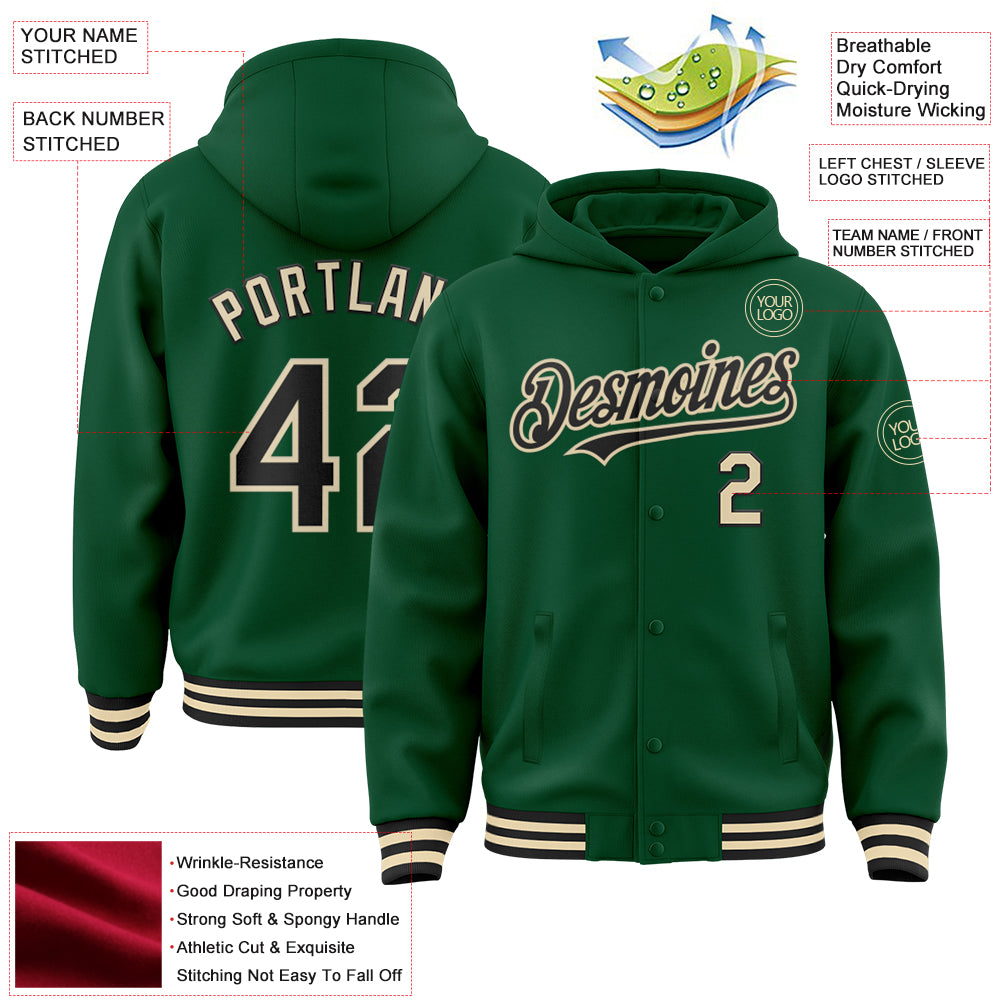 Custom Kelly Green Black-Cream Bomber Full-Snap Varsity Letterman Hoodie Jacket