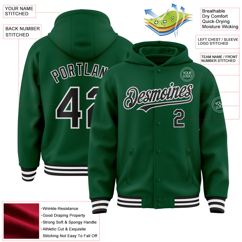 Custom Kelly Green Black-White Bomber Full-Snap Varsity Letterman Hoodie Jacket