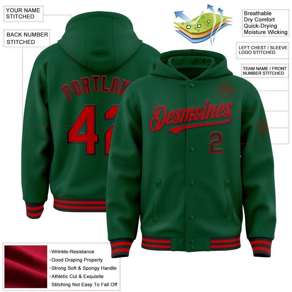 Custom Kelly Green Red-Black Bomber Full-Snap Varsity Letterman Hoodie Jacket