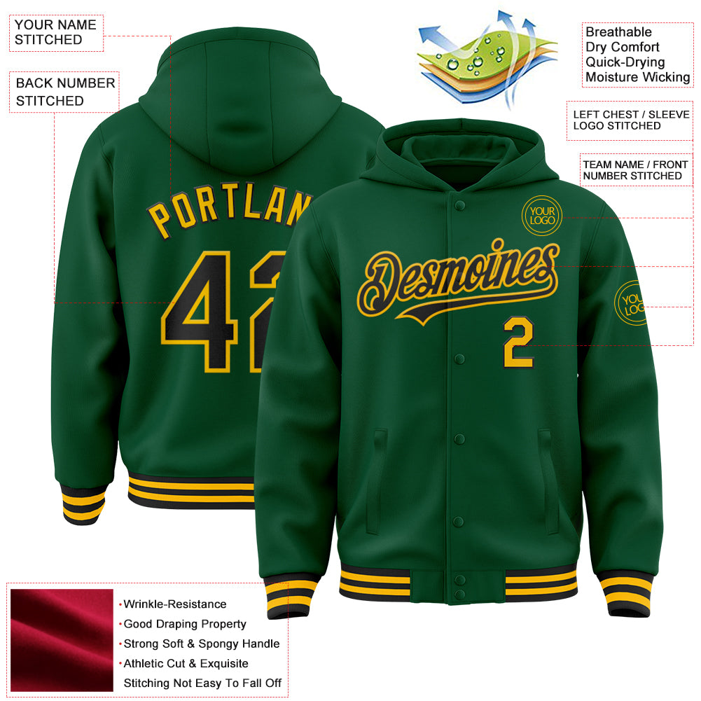 Custom Kelly Green Black-Gold Bomber Full-Snap Varsity Letterman Hoodie Jacket