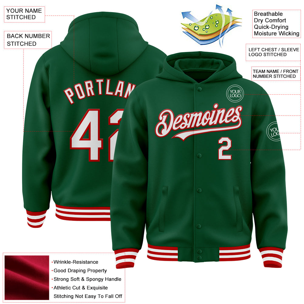 Custom Kelly Green White-Red Bomber Full-Snap Varsity Letterman Hoodie Jacket