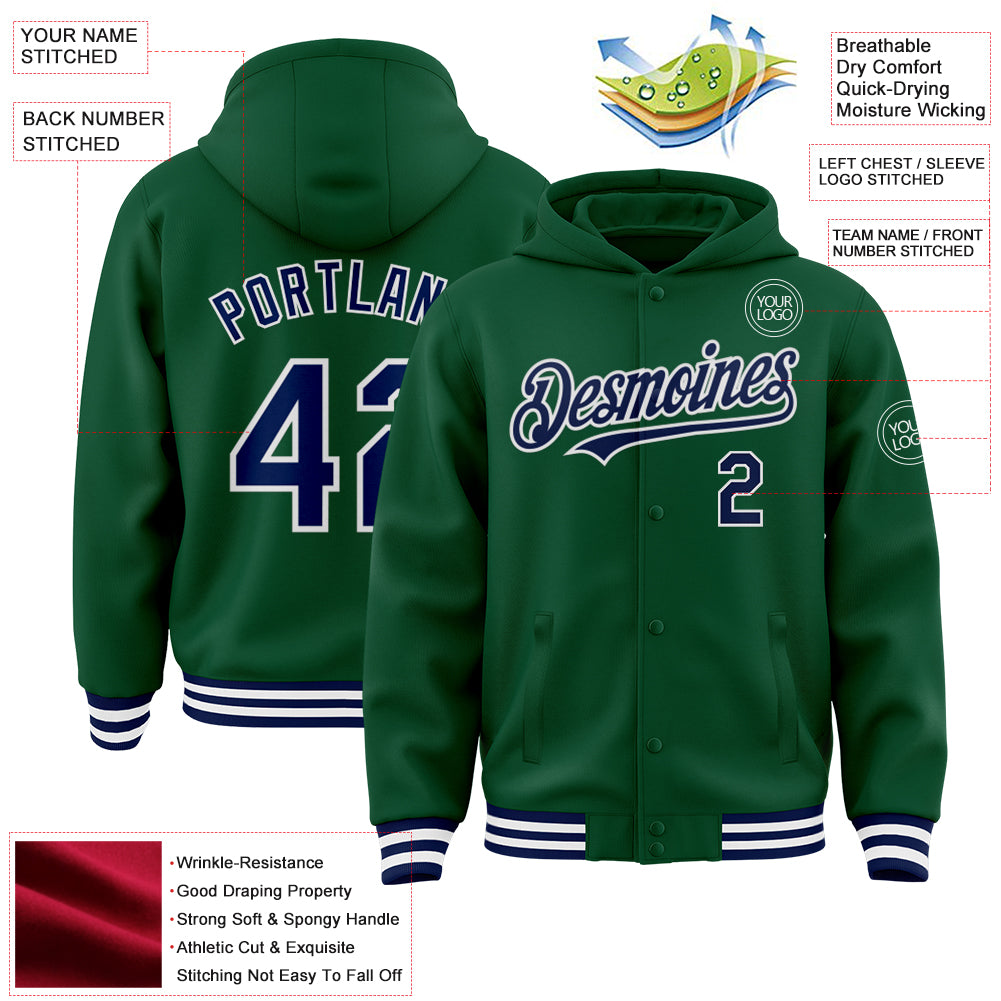 Custom Kelly Green Navy-White Bomber Full-Snap Varsity Letterman Hoodie Jacket