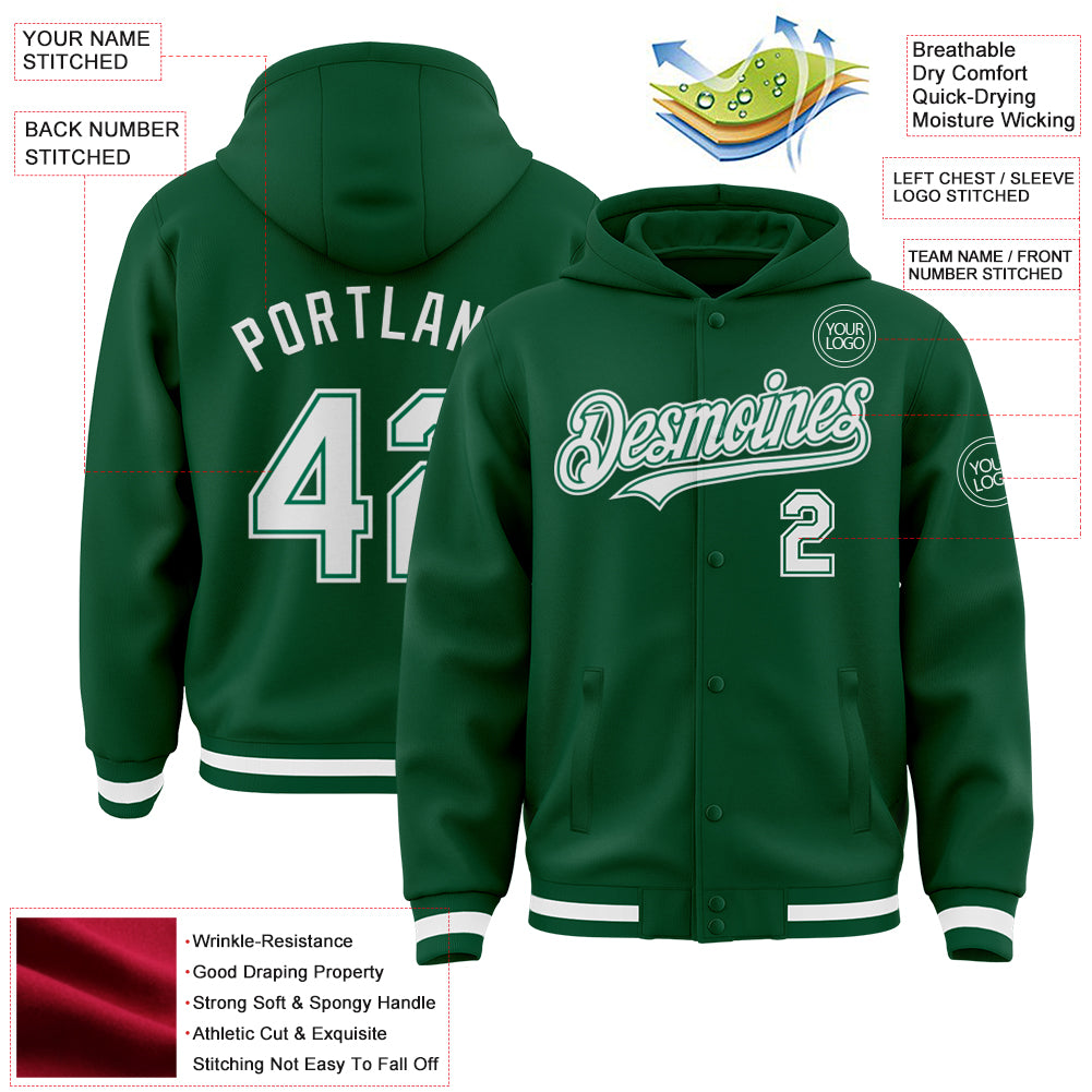 Custom Kelly Green White Bomber Full-Snap Varsity Letterman Hoodie Jacket