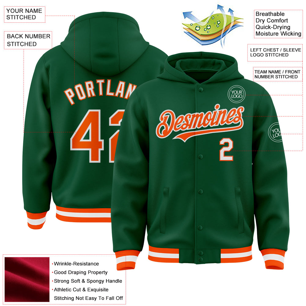 Custom Kelly Green Orange-White Bomber Full-Snap Varsity Letterman Hoodie Jacket