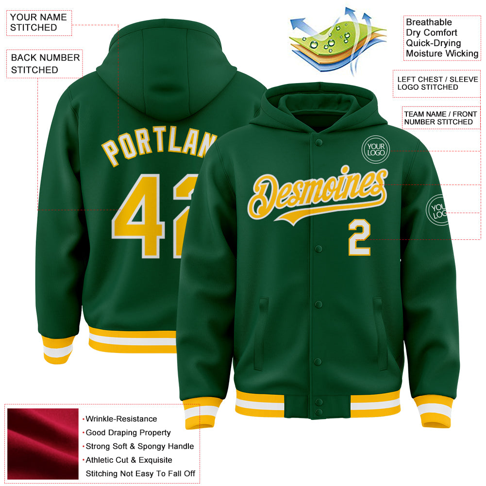 Custom Kelly Green Gold-White Bomber Full-Snap Varsity Letterman Hoodie Jacket