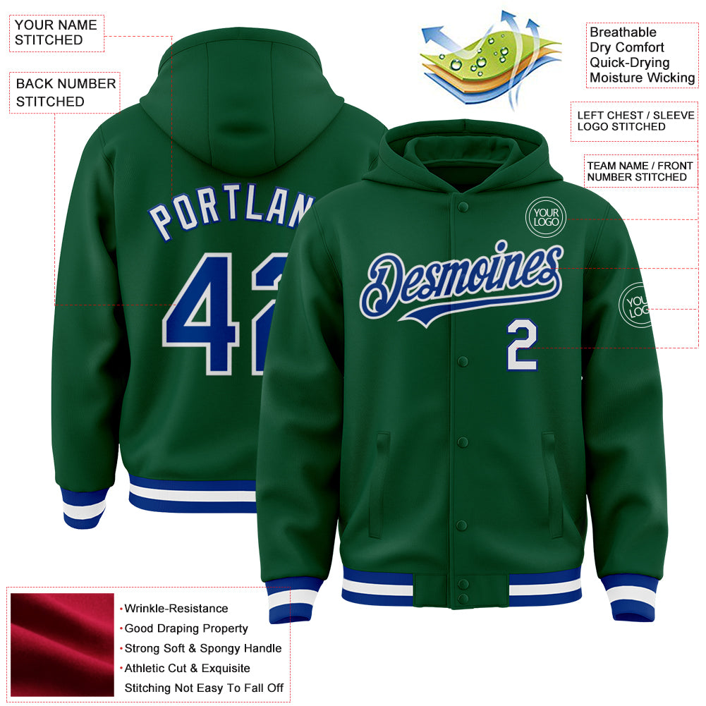 Custom Kelly Green Royal-White Bomber Full-Snap Varsity Letterman Hoodie Jacket