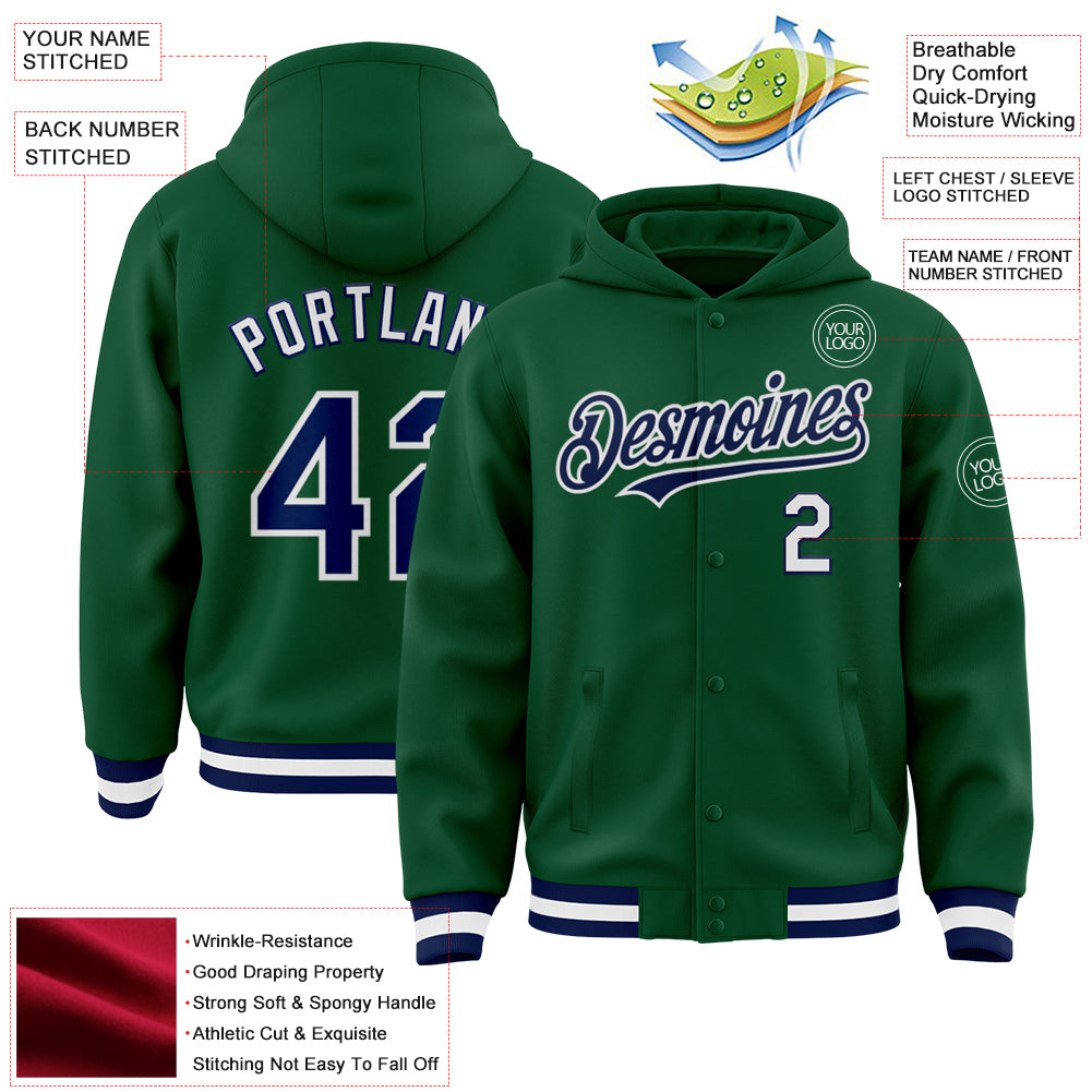 Custom Kelly Green Navy-White Bomber Full-Snap Varsity Letterman Hoodie Jacket