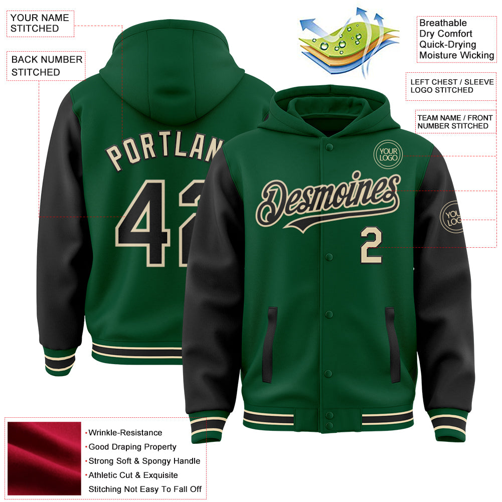 Custom Kelly Green Black-Cream Bomber Full-Snap Varsity Letterman Two Tone Hoodie Jacket