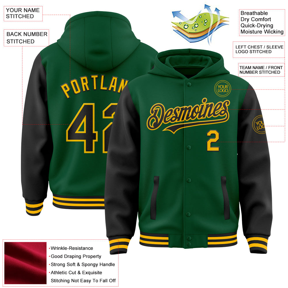 Custom Kelly Green Black-Gold Bomber Full-Snap Varsity Letterman Two Tone Hoodie Jacket