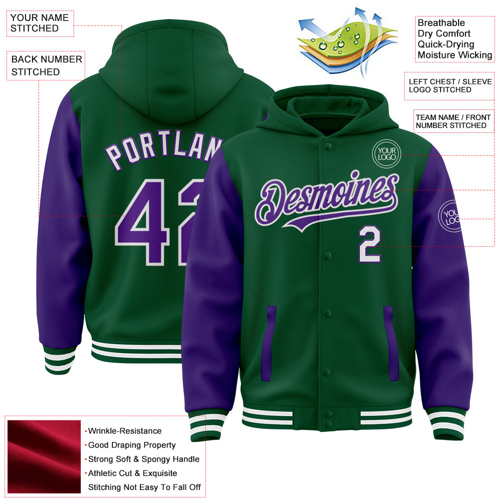 Custom Kelly Green Purple-White Bomber Full-Snap Varsity Letterman Two Tone Hoodie Jacket