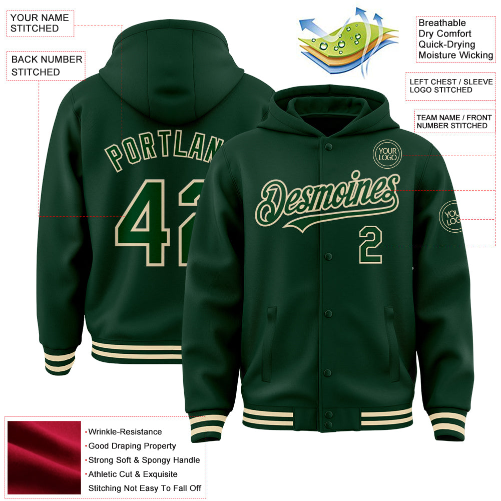 Custom Green Cream Bomber Full-Snap Varsity Letterman Hoodie Jacket