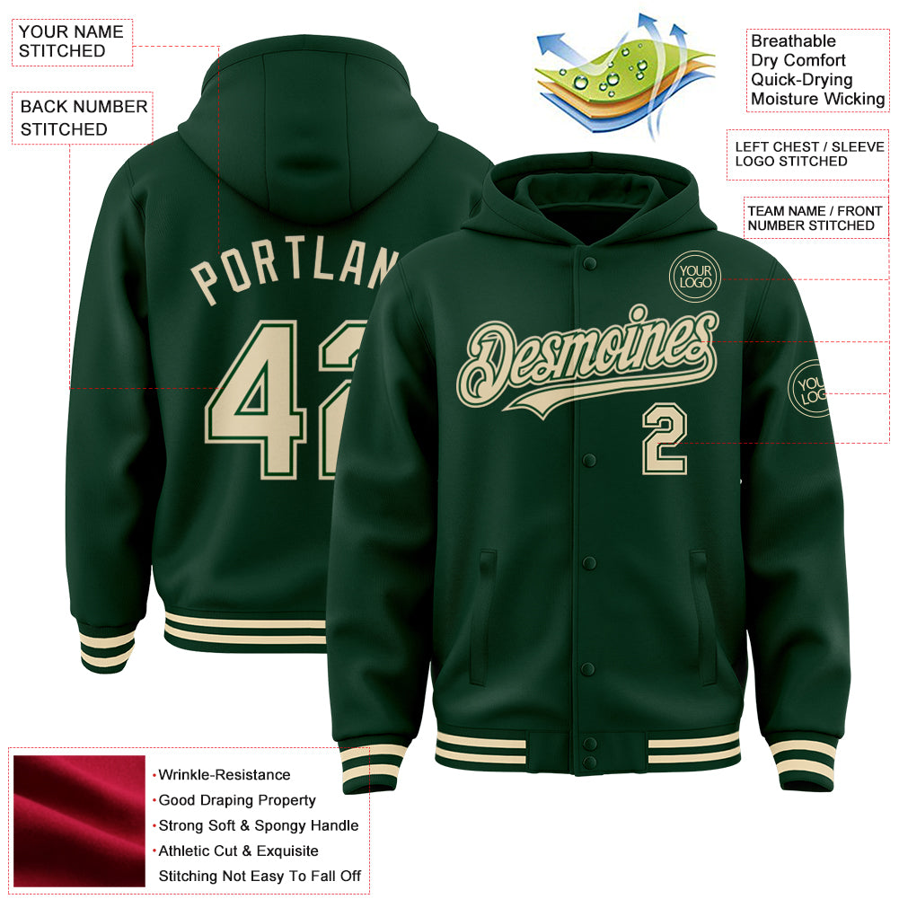 Custom Green Cream Bomber Full-Snap Varsity Letterman Hoodie Jacket