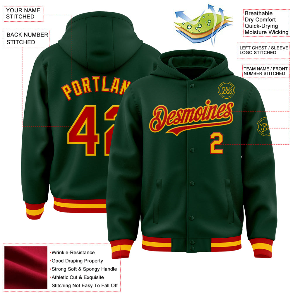 Custom Green Red-Gold Bomber Full-Snap Varsity Letterman Hoodie Jacket