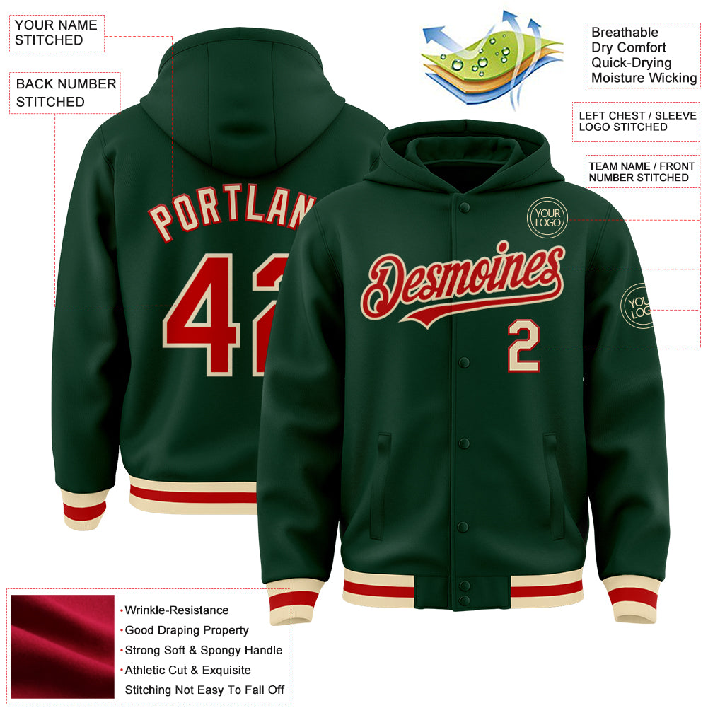 Custom Green Red-Cream Bomber Full-Snap Varsity Letterman Hoodie Jacket