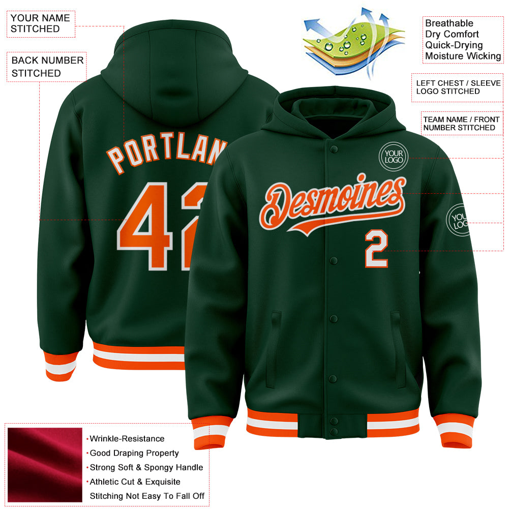 Custom Green Orange-White Bomber Full-Snap Varsity Letterman Hoodie Jacket