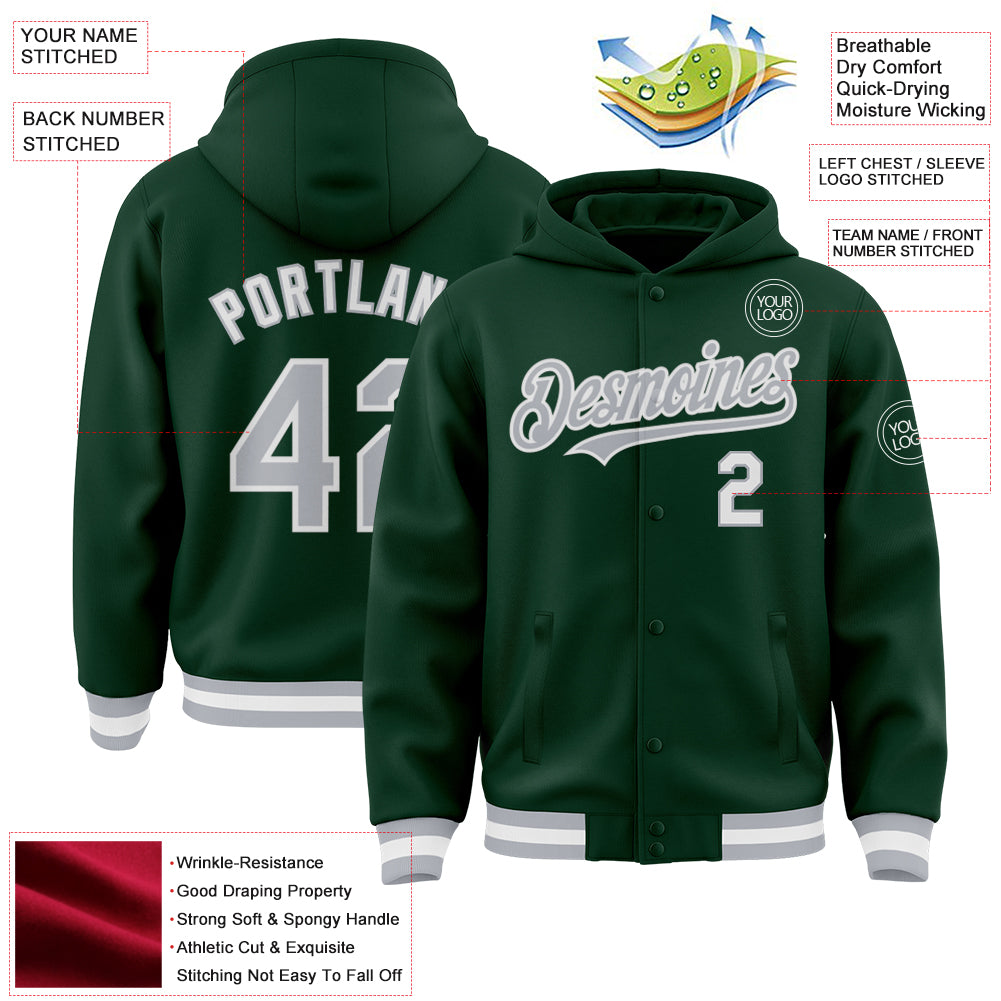 Custom Green Gray-White Bomber Full-Snap Varsity Letterman Hoodie Jacket