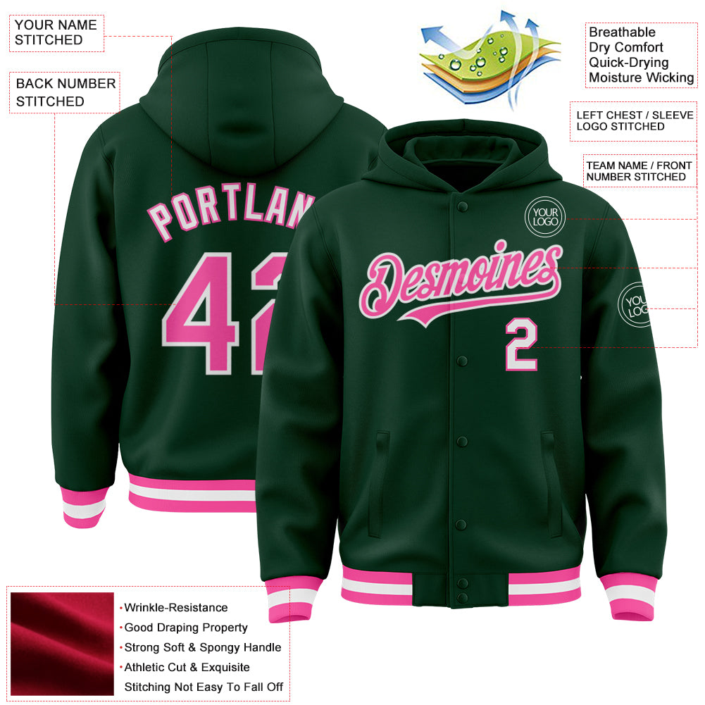 Custom Green Pink-White Bomber Full-Snap Varsity Letterman Hoodie Jacket