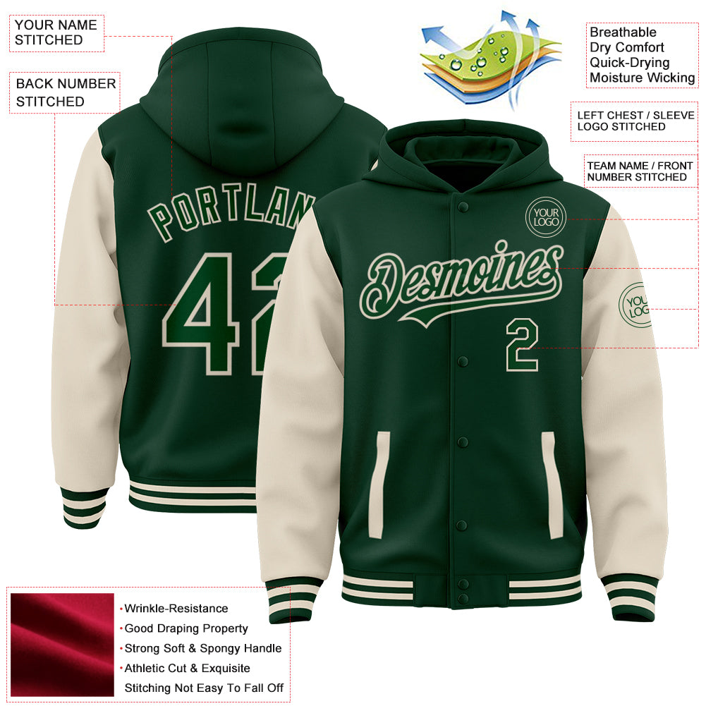 Custom Green Cream Bomber Full-Snap Varsity Letterman Two Tone Hoodie Jacket