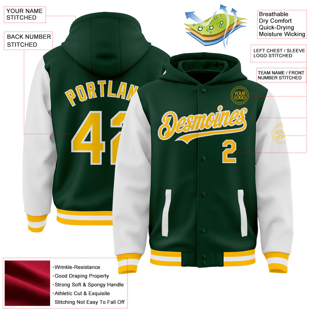 Custom Green Gold-White Bomber Full-Snap Varsity Letterman Two Tone Hoodie Jacket