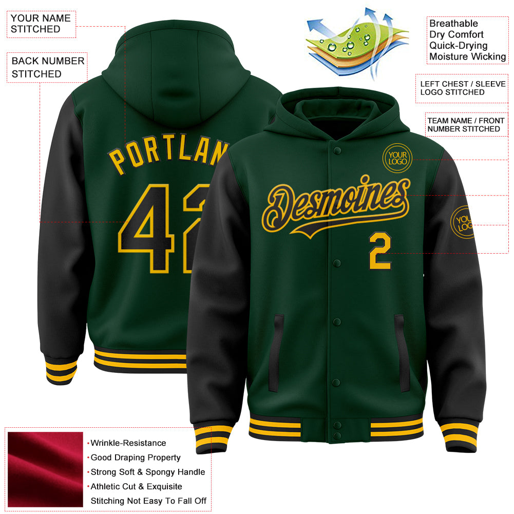 Custom Green Black-Gold Bomber Full-Snap Varsity Letterman Two Tone Hoodie Jacket