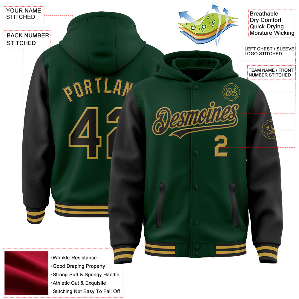 Custom Green Black-Old Gold Bomber Full-Snap Varsity Letterman Two Tone Hoodie Jacket