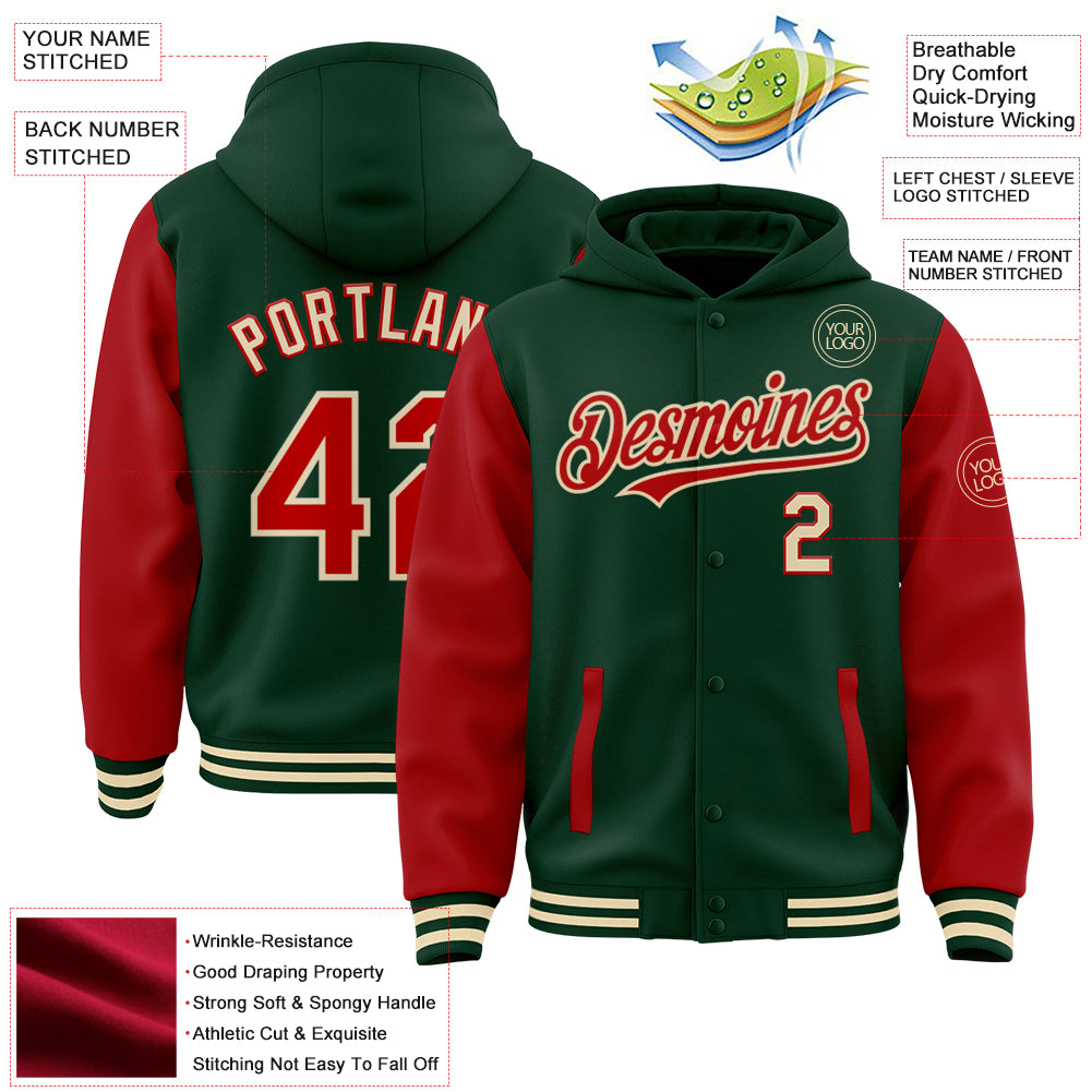 Custom Green Red-Cream Bomber Full-Snap Varsity Letterman Two Tone Hoodie Jacket