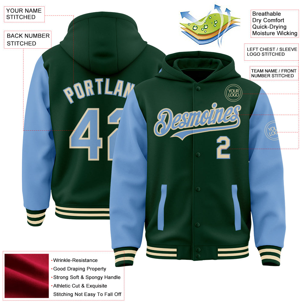 Custom Green Light Blue-Cream Bomber Full-Snap Varsity Letterman Two Tone Hoodie Jacket