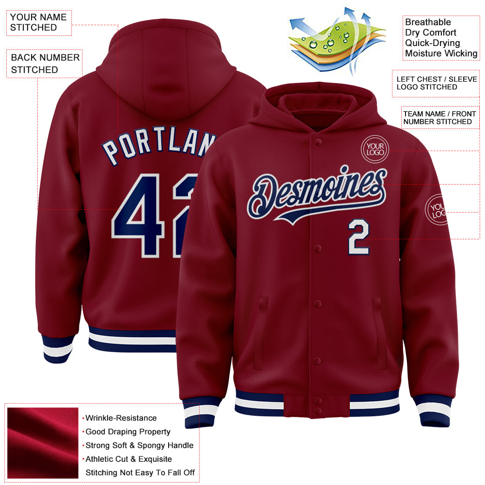 Custom Crimson Navy-White Bomber Full-Snap Varsity Letterman Hoodie Jacket