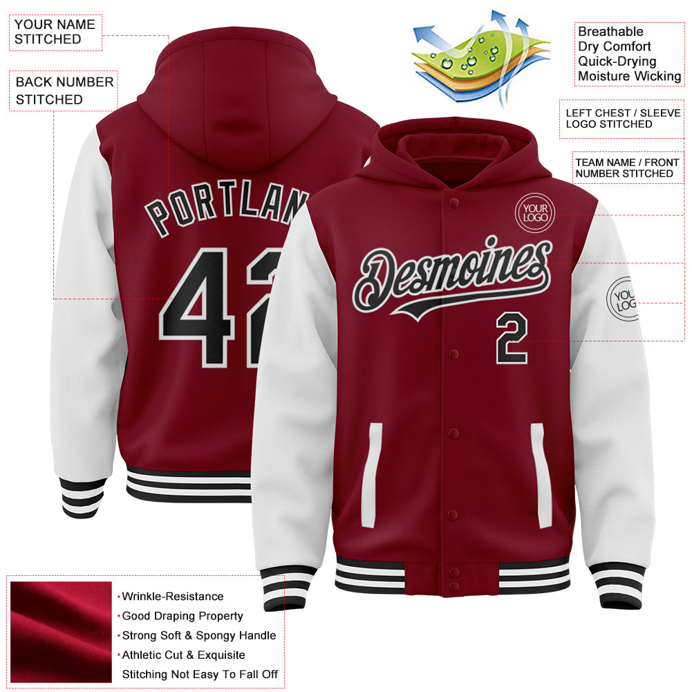 Custom Crimson Black-White Bomber Full-Snap Varsity Letterman Two Tone Hoodie Jacket