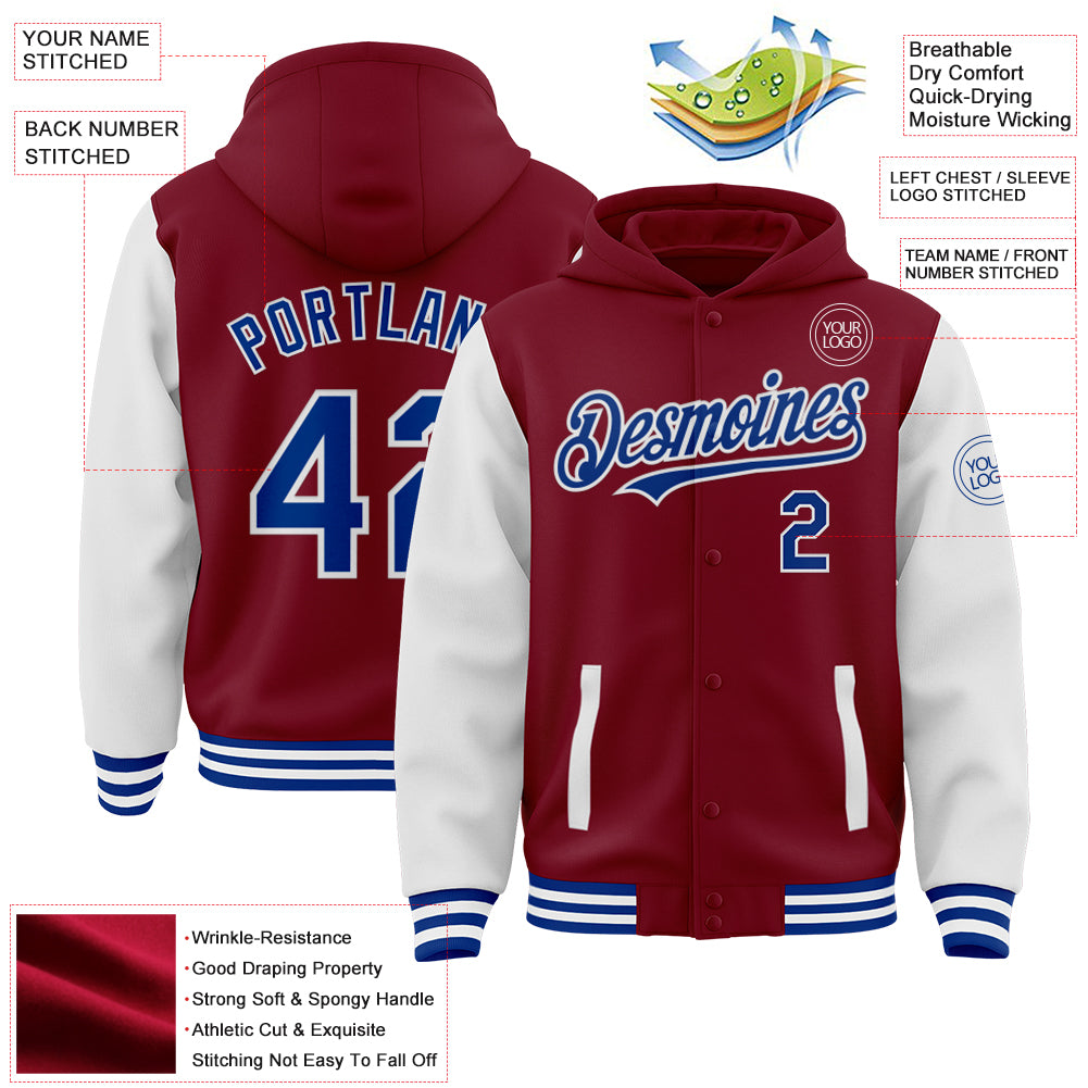 Custom Crimson Royal-White Bomber Full-Snap Varsity Letterman Two Tone Hoodie Jacket