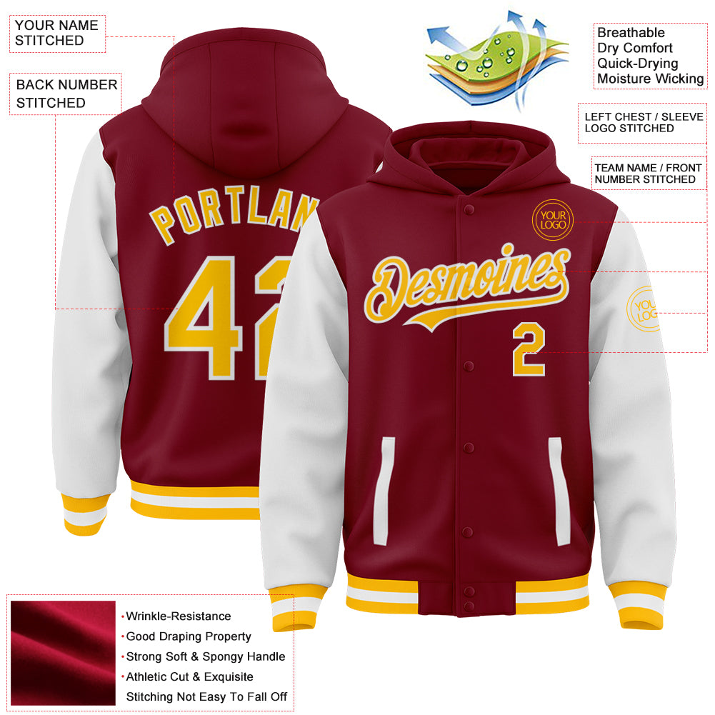 Custom Crimson Gold-White Bomber Full-Snap Varsity Letterman Two Tone Hoodie Jacket