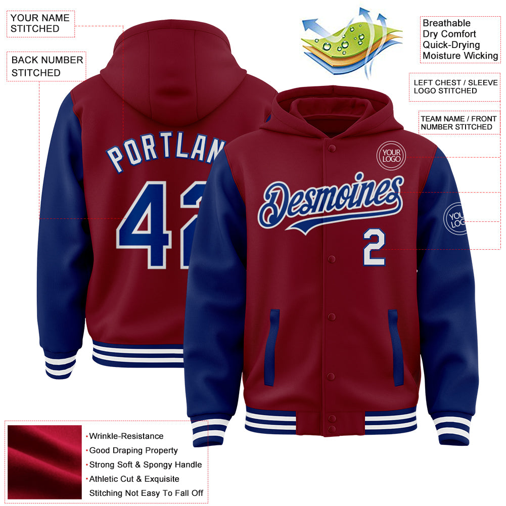 Custom Crimson Royal-White Bomber Full-Snap Varsity Letterman Two Tone Hoodie Jacket