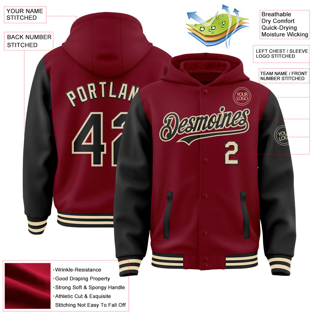 Custom Crimson Black-Cream Bomber Full-Snap Varsity Letterman Two Tone Hoodie Jacket