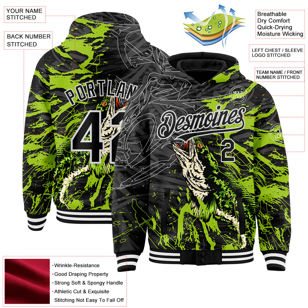 Custom Black Neon Green-White Snakehead Fish Fishing 3D Bomber Full-Snap Varsity Letterman Hoodie Jacket