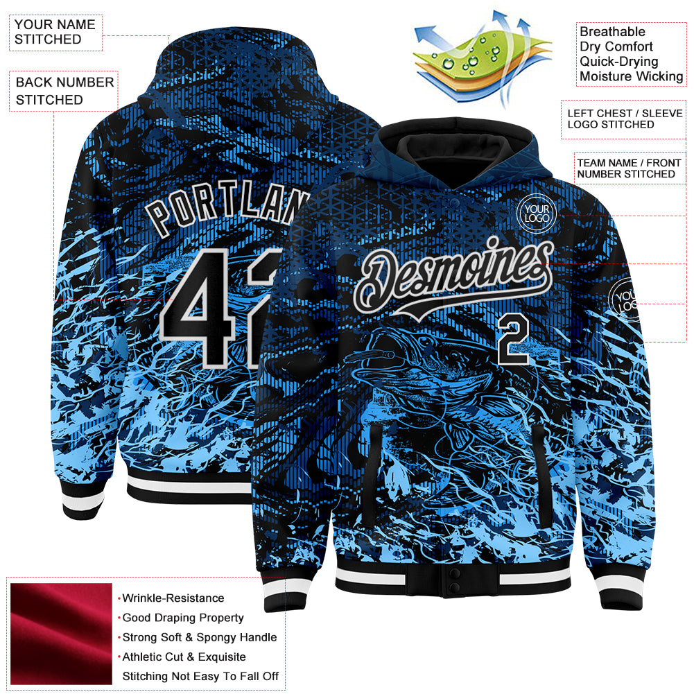 Custom Navy Black-Light Blue Tuna Fish Fishing 3D Bomber Full-Snap Varsity Letterman Hoodie Jacket